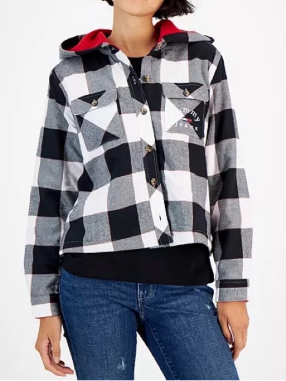Tommy Jeans Plaid Fleece-Lined Hooded Jacket - Medium - y2k